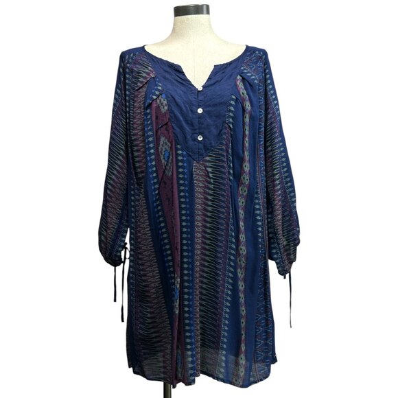 ROXY Mini Dress Sz M Navy Geo Stripe Print Peasant 3/4 Sleeve VNeck Button Up - Picture 1 of 11